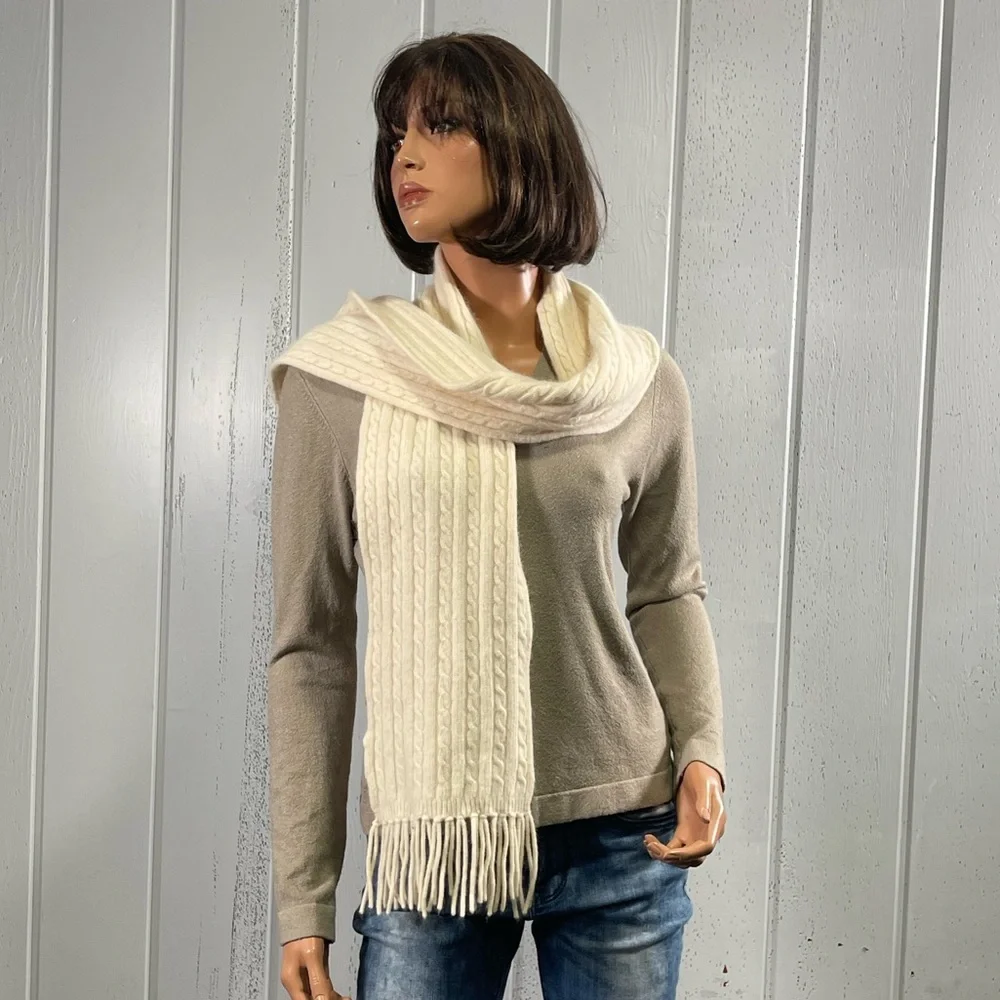 *Casual Corner Women's Cream Cable Knit Scarf with Fringes
